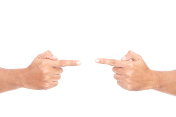 COPY SPACE : Male Caucasian hand gestures isolated over the white background.Visual Pointing.