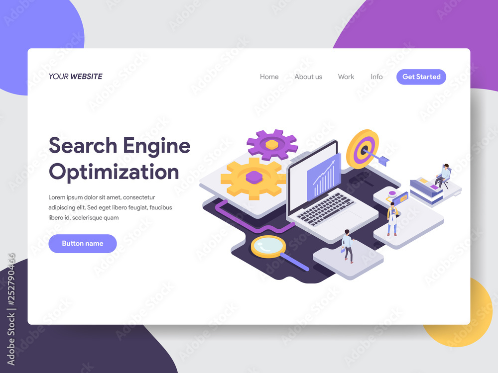 Poster landing page template of search engine optimization illustration concept. isometric flat design conc