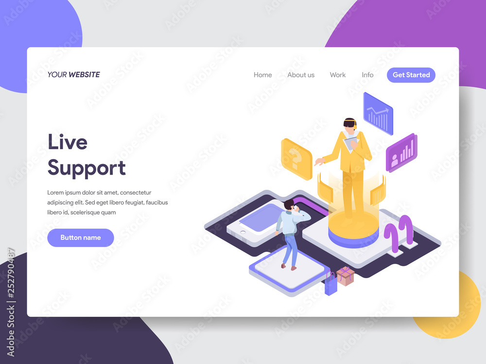 Poster landing page template of live support illustration concept. isometric flat design concept of web pag