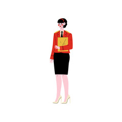Female Hotel Manager Standing with Clipboard, Hotel Staff Character in Red Uniform Vector Illustration