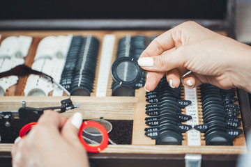 Set of lenses for vision correction. Ophthalmologic equipment.