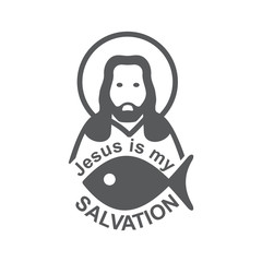 Vector illustration of an image of Jesus Christ and fish. Text Jesus is my Salvation. Orthodox Christian and Catholic belief. Flat design. Monochrome
