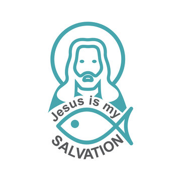 Vector illustration of an image of Jesus Christ and fish. Text Jesus is my Salvation. Orthodox Christian and Catholic belief. Flat design. 