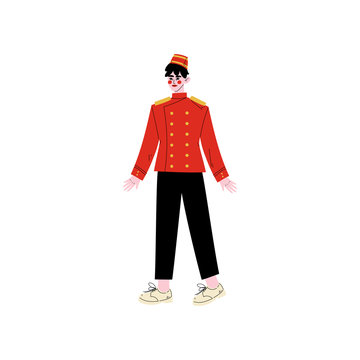 Concierge or Porter, Hotel Staff Character in Red Uniform Vector Illustration