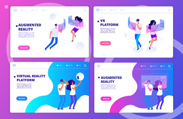 Augmented reality, virtual reality games and platform landing page templates vector set. Illustaration of virtual platform, vr page cyberspace