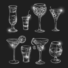 Hand dranw alcoholic cocktail with lights vector illustration. Alcohol cocktail glass, bar drink, beverage sketch