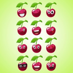 A set of simple smiling cherry. A cartoon character. Cute smiling cherry icon isolated on green background.