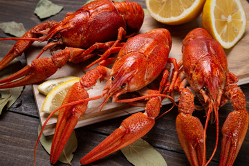 Crayfish. Red boiled crawfishes on table in rustic style, closeup. Lobster closeup.