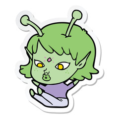 sticker of a pretty cartoon alien girl sitting