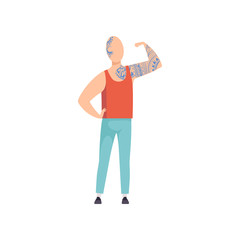 Bald Young Man with Tattoos, Guy Having Tattoo on His Arm and Head Vector Illustration