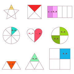Circle, square, triangle, star and heart fractions with cute kawaii emotions. Vector cartoon set isolated on a white background.