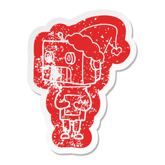 cartoon distressed sticker of a robot wearing santa hat