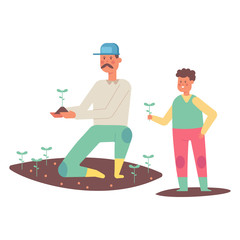 Father and son planting plants. Farmers vector cartoon flat characters isolated on white background.