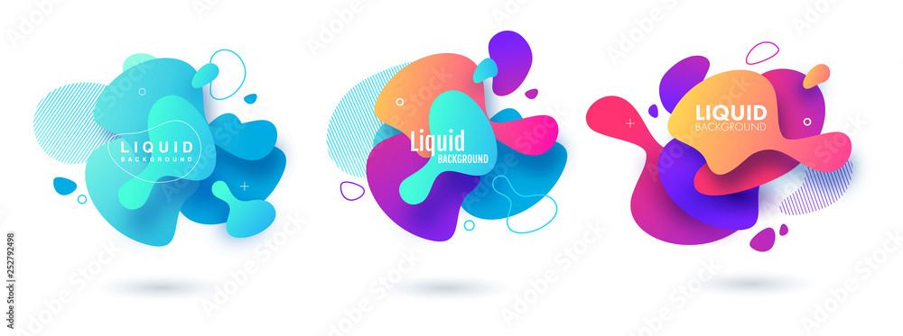 Poster set of abstract modern graphic elements. dynamical colored forms and line. flow and fluid design. gr