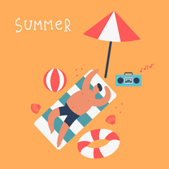 Naklejka premium Man sunbathing on the beach with a lifebuoy, a ball and an umbrella. Summer vector cartoon illustration.