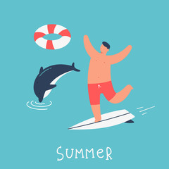 Man on a surfing board is swimming in the ocean with a dolphin. Summer people vector cartoon illustration.