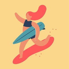 Girl with surfing board on the beach. Summer people vector cartoon illustration.