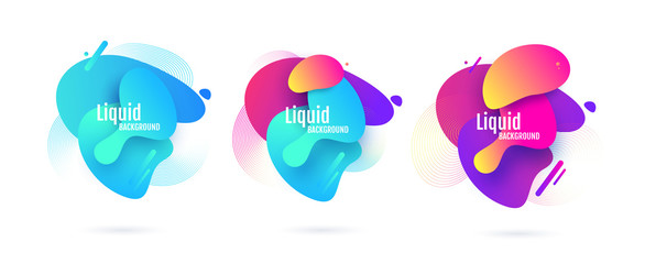 Set of abstract modern graphic elements. Dynamical colored forms and line. Flow and fluid design. Gradient abstract banners with flowing liquid shapes. Blue. Yellow. Purple. Vector illustration eps 10
