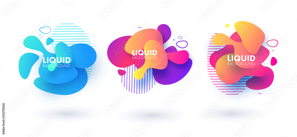 Poster set of abstract modern graphic elements. dynamical colored forms and line. flow and fluid design. gr