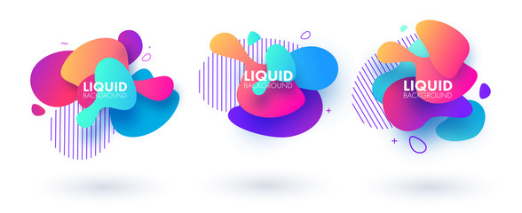 Set of abstract modern graphic elements. Dynamical colored forms and line. Flow and fluid design. Gradient abstract banners with flowing liquid shapes. Blue. Yellow. Purple. Vector illustration eps 10