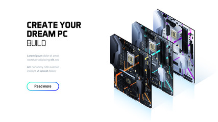 Gaming PC motherboard isometric illustration, custom computer components for workstation, computer store and service © CreativeCore