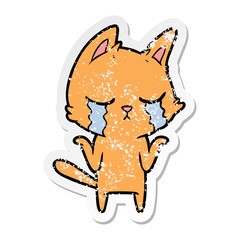 Obraz na płótnie Canvas distressed sticker of a crying cartoon cat shrugging
