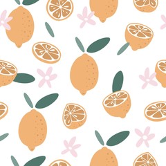Summer seamless pattern in hand drawn style. Vector fabric design with lemons and flowers.