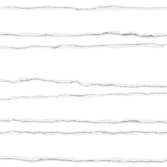 Several torn white paper stripes with shadow placed on white background. Realistic ripped paper pieces. Vector template paper design.