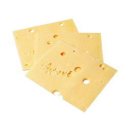 Three appetizing pieces of cheese on a white isolated background. View from above. Сlose-up.