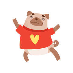 Cute Pug Dog Wearing Red Shirt, Funny Friendly Animal Pet Character Vector Illustration