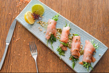 dinner, food, meal, leaf, health, cuisine, gastronomy, orange, walnut, juicy, meat, fresh, fish, healthy, nutrition, light, salmon, lime, rocket, rolled, vegetable, fruit, cucumber, salad, savory, nut