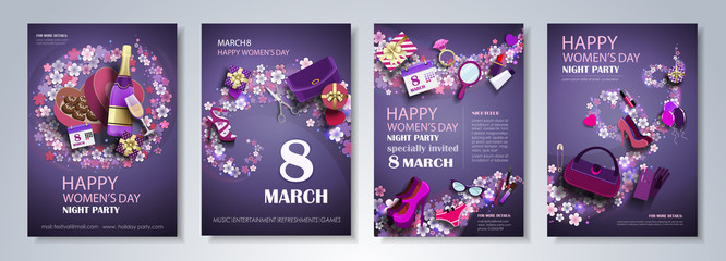 8 march party flyer set - obrazy, fototapety, plakaty