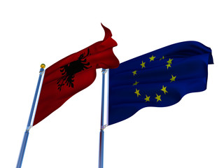 Albania flag EU flag Isolated Silk waving flags Republic of Albania with black eagle emblem on red  and European Union with a flagpole on a white background 3D illustration