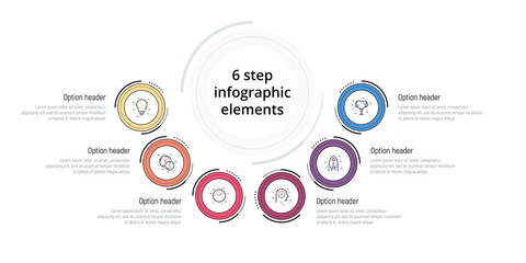 Business process chart infographic with 6 step circles. Circular corporate workflow graphic elements. Company flowchart presentation slide template. Vector info graphic design.