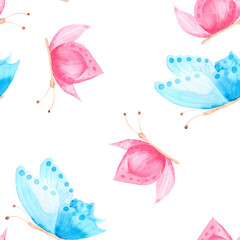 watercolor pattern of pink blue butterflies