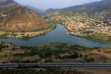 View of the town of Mtskheta in Georgia located at the confluence of the Aragvi and Kura rivers