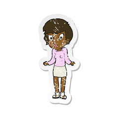 retro distressed sticker of a cartoon woman shrugging shoulders
