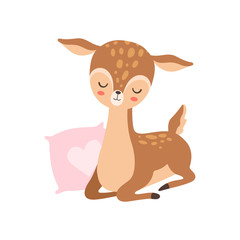 Cute Baby Deer Sleeping with Pink Pillow, Adorable Forest Fawn Animal Vector Illustration