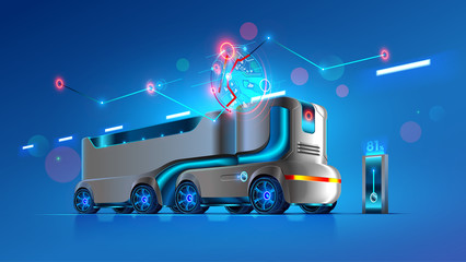 Autonomous driverless truck follows the specified route on the map. Automation interurban delivery transport. Self-driving vehicles of innovation logistics. Iot electric automatic lorry carrying cargo - obrazy, fototapety, plakaty