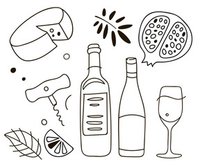 Wine composition. Line art graphic. Restaurant template. Line illustration.