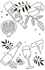 Wine composition. Line art graphic. Restaurant template. Line illustration.