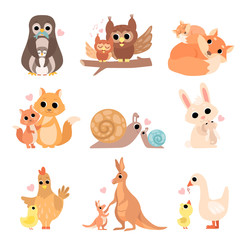 Cute Animal Families Set, Penguin, Owl, Squirrel, Fox, Snail, Rabbit, Hen, Kangaroo, Goose Vector Illustration