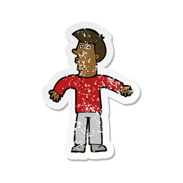 recommend clip art: retro distressed sticker of a cartoon man shrugging shoulders