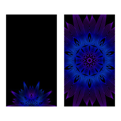 Design Vintage Cards With Floral Mandala Pattern And Ornaments. Vector Template. Islam, Arabic, Indian, Mexican Ottoman Motifs. Hand Drawn Background. Black blue purple color