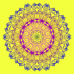 Beautiful Mandala. Floral Round Ornament. Vector Illustration. For Modern Interiors Design, Wallpaper, Textile Industry. Yellow purple color