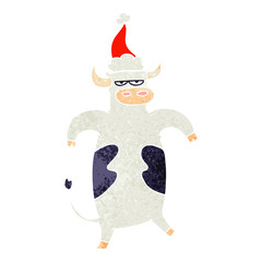 retro cartoon of a bull wearing santa hat