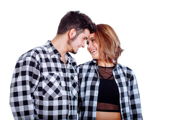 Full portrait of happy couple isolated on white background