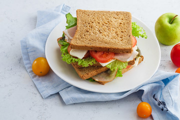 Healthy sandwich with greens, ham, tomatoes and cheese. Lunch ideas for school or for work