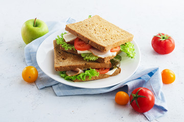 Overhead shot of a healthy sandwich with greens, ham, tomatoes and cheese. Lunch ideas for school or for work