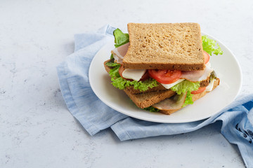 Healthy sandwich with greens, ham, tomatoes and cheese. Lunch ideas for school or for work